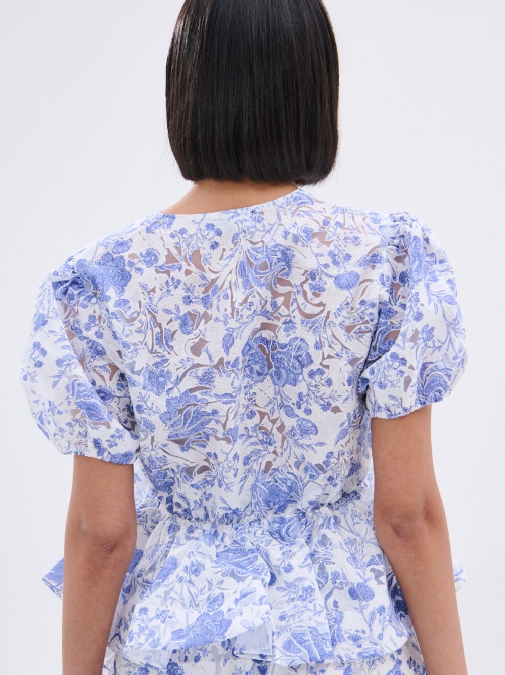 AKIRA Blue and White Floral Tie-Front Peplum Blouse - Picture 2 of 5
